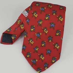 Christian Dior red tie.  Frogs musical instruments print. Made in France